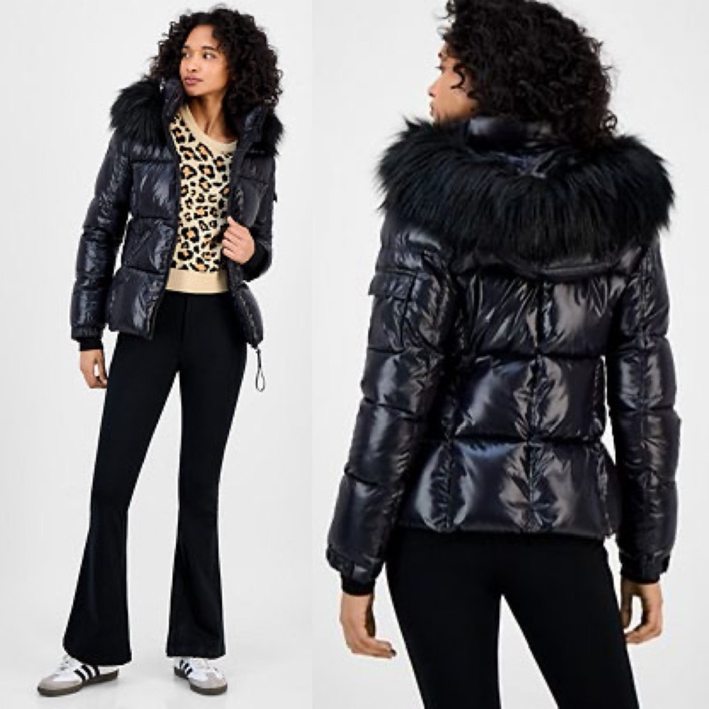 S13 Hooded Allie Faux-Fur-Trim Hooded Puffer Coat in Black, Size XL, NEW w/Tag